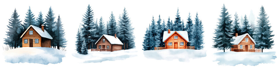Charming rustic log cabin homes surrounded by a snowy pine forest in a peaceful tranquil winter mountain landscape  Idyllic