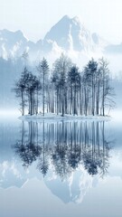Fototapeta premium A serene winter lakescape with snowy mountains and trees reflected in calm waters, evoking tranquility and peacefulness in a breathtaking natural scene.