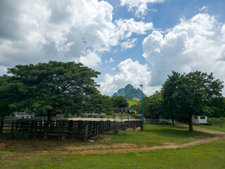 A beautiful view of the side face of the Morros de San Juan de los Morros, in Guárico, Venezuela, with a stunning backdrop of a clear day featuring a blue sky filled with clouds.