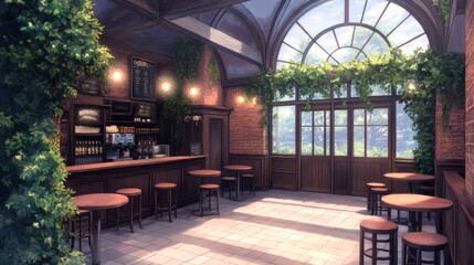 Fototapeta premium A cozy cafe interior featuring wooden furniture, lush greenery, and a large arched window with natural light streaming in, Ideal for showcasing relaxation, coffee culture, or interior design concepts