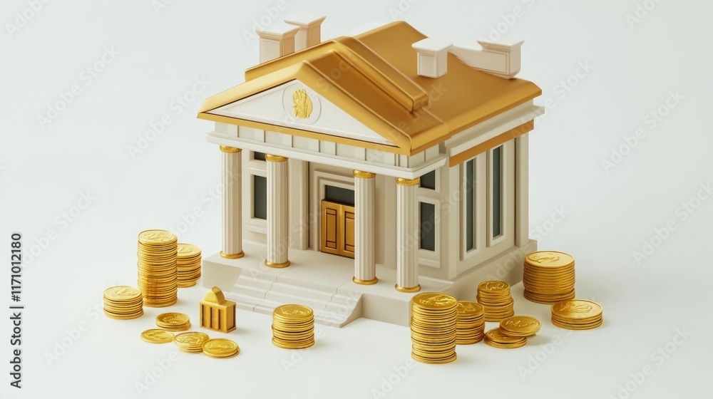 Poster 3d model of a classical bank building surrounded by stacks of gold coins, symbolizing wealth and fin