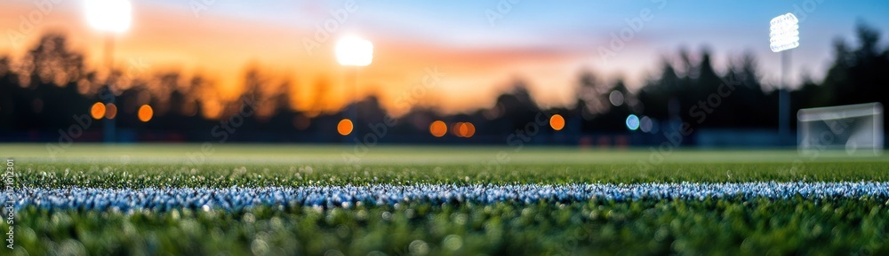 Aufkleber close-up of a soccer field line at sunset, with blurred background showing trees and lights.