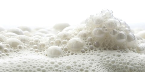 Close-up of lush, creamy white soap suds.  High-resolution, isolated, showcasing detailed foam texture and bubble bath quality.