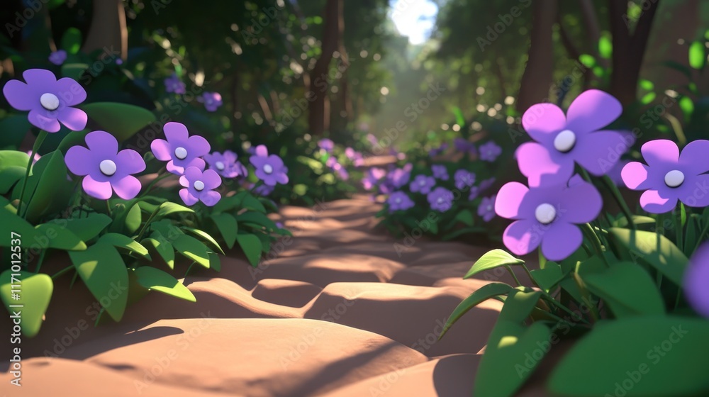 Poster sunlit path through a forest with purple flowers.