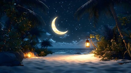 Naklejka premium moonlit night scene on a sandy beach with palm trees and glowing lanterns under a crescent moon and a starry sky, creating a tranquil and magical atmosphere