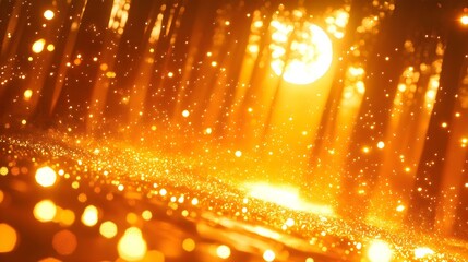 magical forest scene with a glowing sun and golden particles creating a dreamy ambiance