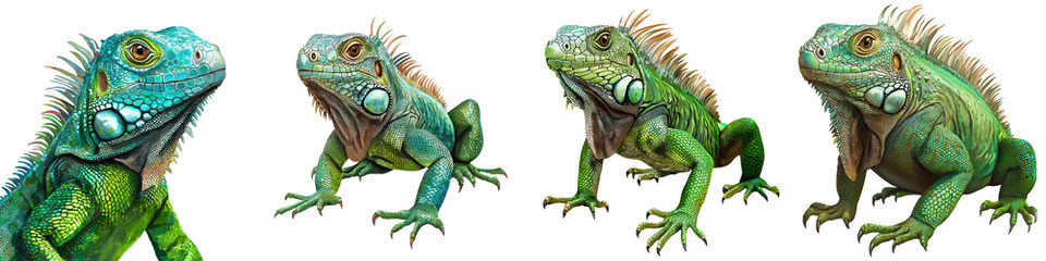 Obraz premium Vibrant Green Iguanas Closeup Portraits in Lush Tropical Jungle Habitat Exotic Cold Blooded Reptile Wildlife Fauna and Natural Biodiversity