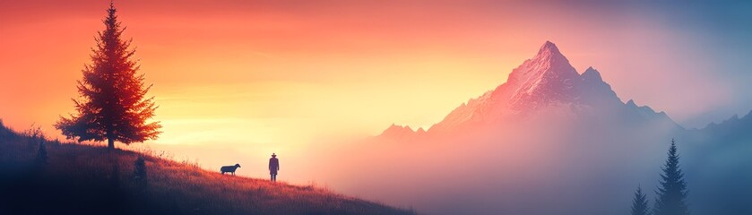 Fototapeta premium A serene landscape featuring a silhouette of a person and a dog against a vivid sunset with mountains in the background, Ideal for themes of adventure, companionship, and tranquility in nature,