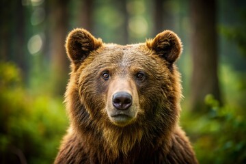 Fototapeta premium Minimalist Brown Bear Forest Portrait: Solitary Wildlife in Nature