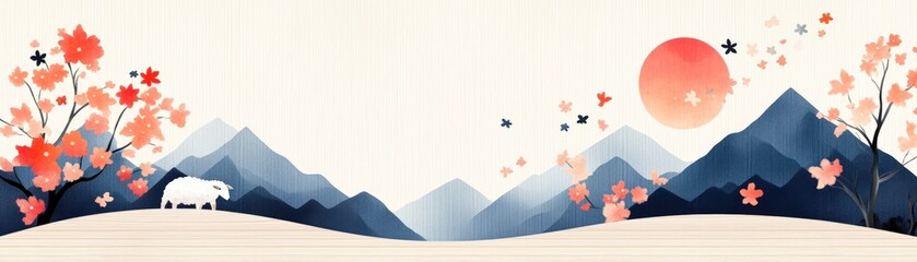 A serene landscape featuring mountains, a blooming tree, and a sheep under a vibrant sun, Perfect for nature-themed projects, wallpapers, or relaxation visuals, Conveying tranquility and beauty,