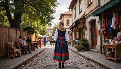 Woman in traditional Bulgarian costume walking down cobblestone street, cultural heritage