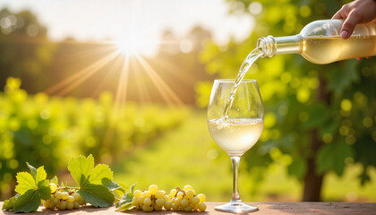 White wine pouring into a crystal glass against sunlit vineyard, refreshment
