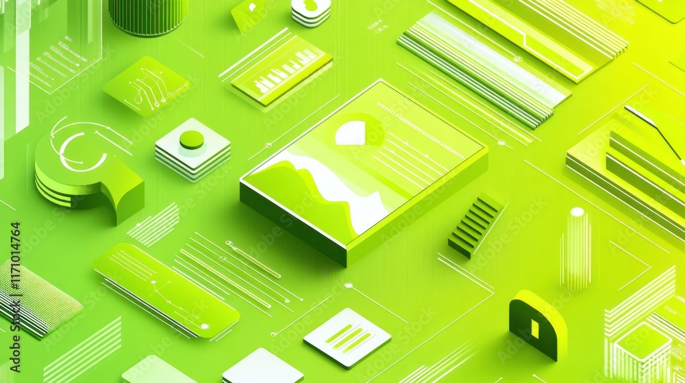 Aufkleber Abstract isometric green tech illustration with various design elements and data visualizations.