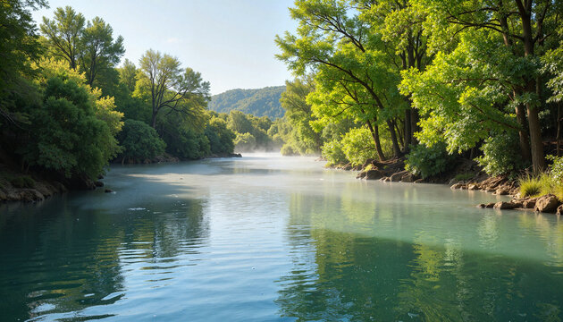 Tranquil Jordan River flowing through lush greenery at sunrise, serenity