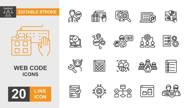 Web code line editable icon set. Development, program, website, coding, protection and more line icons