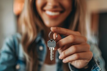 Concept of buying an apartment or house with a mortgage. Young woman smiling while holding a key in her hand in a cozy indoor setting during daylight hours. Close-up
