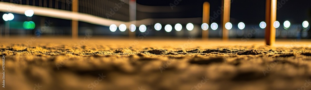 Poster Close-up view of sandy ground at night, with blurred background of illuminated volleyball net and lights.