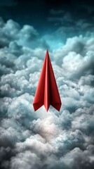 Fototapeta premium A red paper airplane flying through a cloudy sky