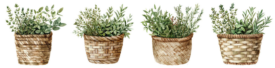 Assortment of Lush Green Potted Plants in Woven Baskets for Indoor or Outdoor Decor