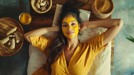 Woman with a turmeric face mask, embracing a spa experience
