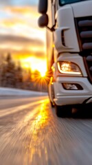 A semi truck driving down a snowy road at sunset