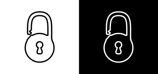 Black, white open lock set outline design. Padlock icon to use for design projects for IT, password protection, cyberspace, internet security, privacy, webdesign. 