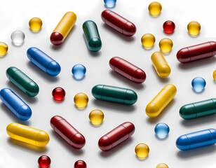 a realistic image of medicine capsules scattered randomly on a clean white background