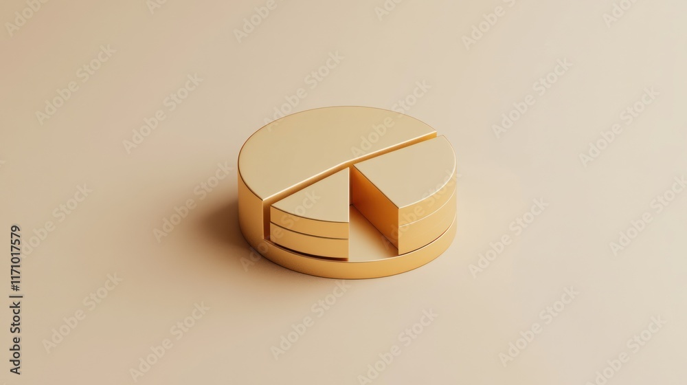 Poster 3D rendered golden pie chart, showing data segmentation, analysis, and statistics.