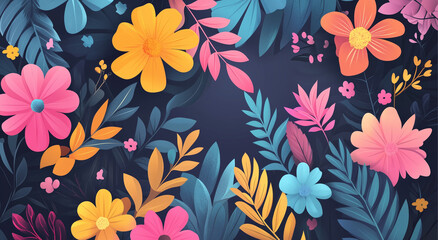 Floral Artistic Design with Vibrant Colored Flowers and Leaves on Dark Background