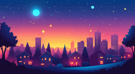 Urban Skyline At Dusk With Vibrant Gradient Sky And Starry Background