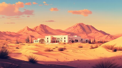 Fototapeta premium Desert Oasis White Palace Majestic Mountains Sunset