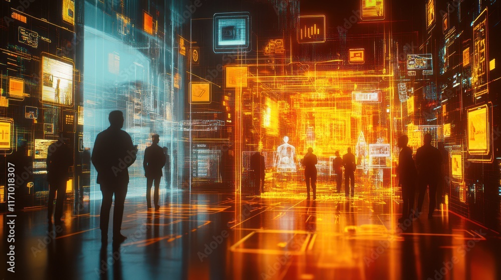 Poster silhouetted figures observe holographic displays in a futuristic digital space.