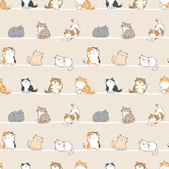 Seamless Pattern with Cartoon Cat Design on Light Brown Background with White Lines. Hand Drawn Vector Illustration.