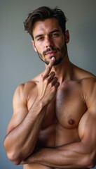 Fototapeta premium A muscular, shirtless man stands against a soft gray background, exuding confidence and charm. His thoughtful expression, combined with a finger on his chin, invites curiosity and intrigue, showcasing