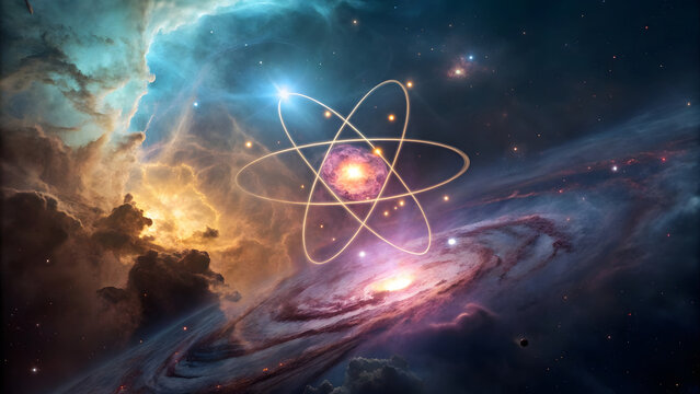 An intricate atom floating within a cosmic nebula, its nucleus glowing intensely with radiant energy