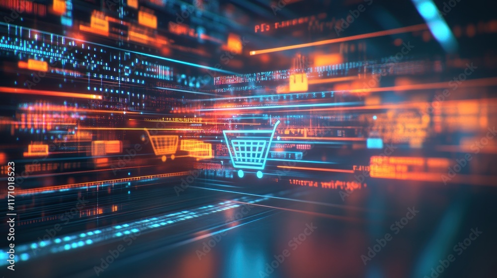 Poster Abstract digital shopping cart interface with glowing lines and data streams.