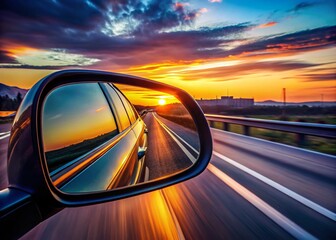 Obraz premium Minimalist Highway Road Trip: Rearview Mirror Reflection of Traffic and Asphalt