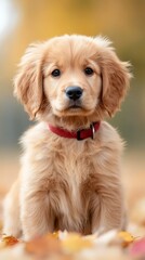 Fototapeta premium A small golden retriever puppy sitting in a pile of leaves