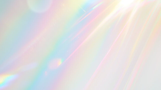 Holographic rainbow light refraction effect with soft bokeh and prismatic glow on transparent background with copy space