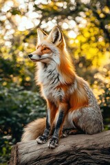 Fototapeta premium A majestic fox sitting on a log, illuminated by warm sunlight in a lush forest.