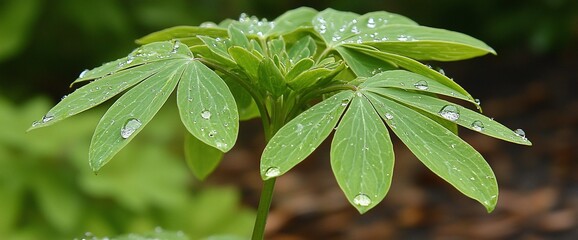 Dew drops on vibrant green lupine plant leaves.