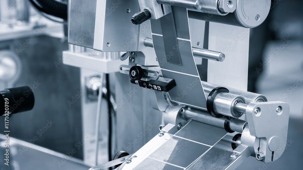Poster fragment of the conveyor of sticking labeling machine. abstract industrial background.