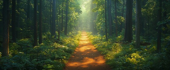 Naklejka premium Sunlit path through a misty forest.