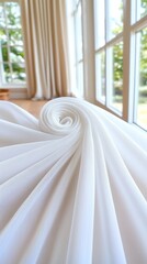 A close up of a white fabric in front of a window