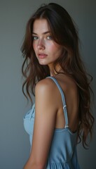 Fototapeta premium This stunning portrait features a young woman with long, wavy hair cascading over her shoulder, exuding a sense of serene beauty. Her captivating gaze and soft expression create an intimate atmosphere
