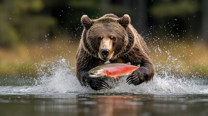 Obraz premium A bear catching a salmon in a river, showcasing wildlife interaction and natural behavior.