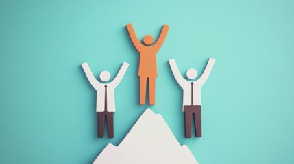 Fototapeta premium Triumphant ascent, two individuals reach a majestic mountain summit, embracing the panoramic view