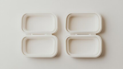 Three white containers with lids on a white surface, study in minimalist design