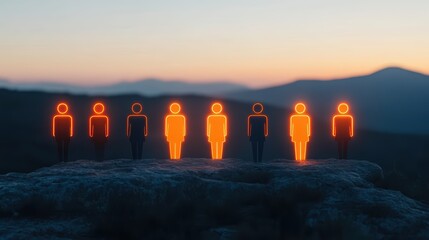 Triumphant climbers reach the summit of a majestic mountain peak group