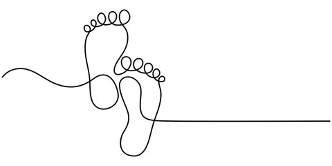 Continuous one line art drawing of human footprint vector, One continuous line drawing of bare foot and footprint. Elegance female feet in simple linear style. Concept of Wellness massage and care.